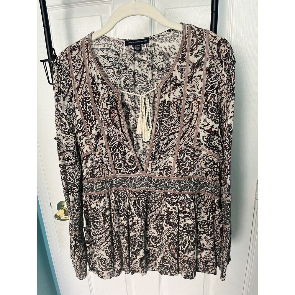 American Eagle Womens Long Sleeve Blouse Black Pink Size M Lightly Worn - Picture 1 of 4